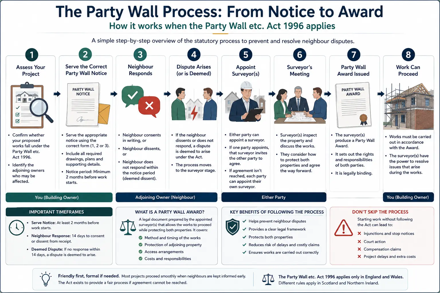 Do I Need a Party Wall Agreement? An infographic showing the party wall process from notice to award in a very interactive way for the citizens living in Crawley, UK