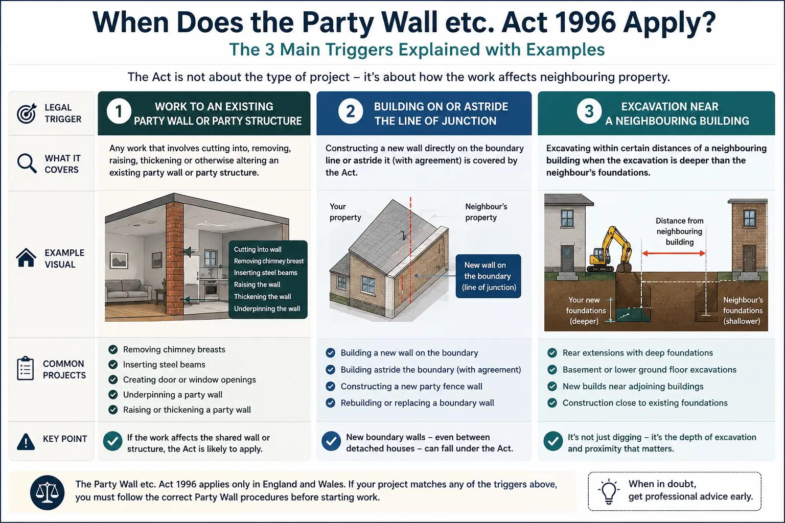Do I Need a Party Wall Agreement? An infographic showing when does the party wall etc act 1996 apply like excavation, junction, painting, in Crawley, UK